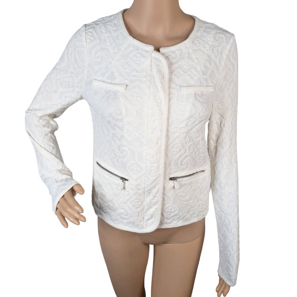 Anthropologie Moth White Jacquard Zip Front Crochet Trim Cardigan Jacket XS